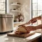 A person slicing fresh homemade bread in a bright, modern kitchen next to a sleek bread machine.