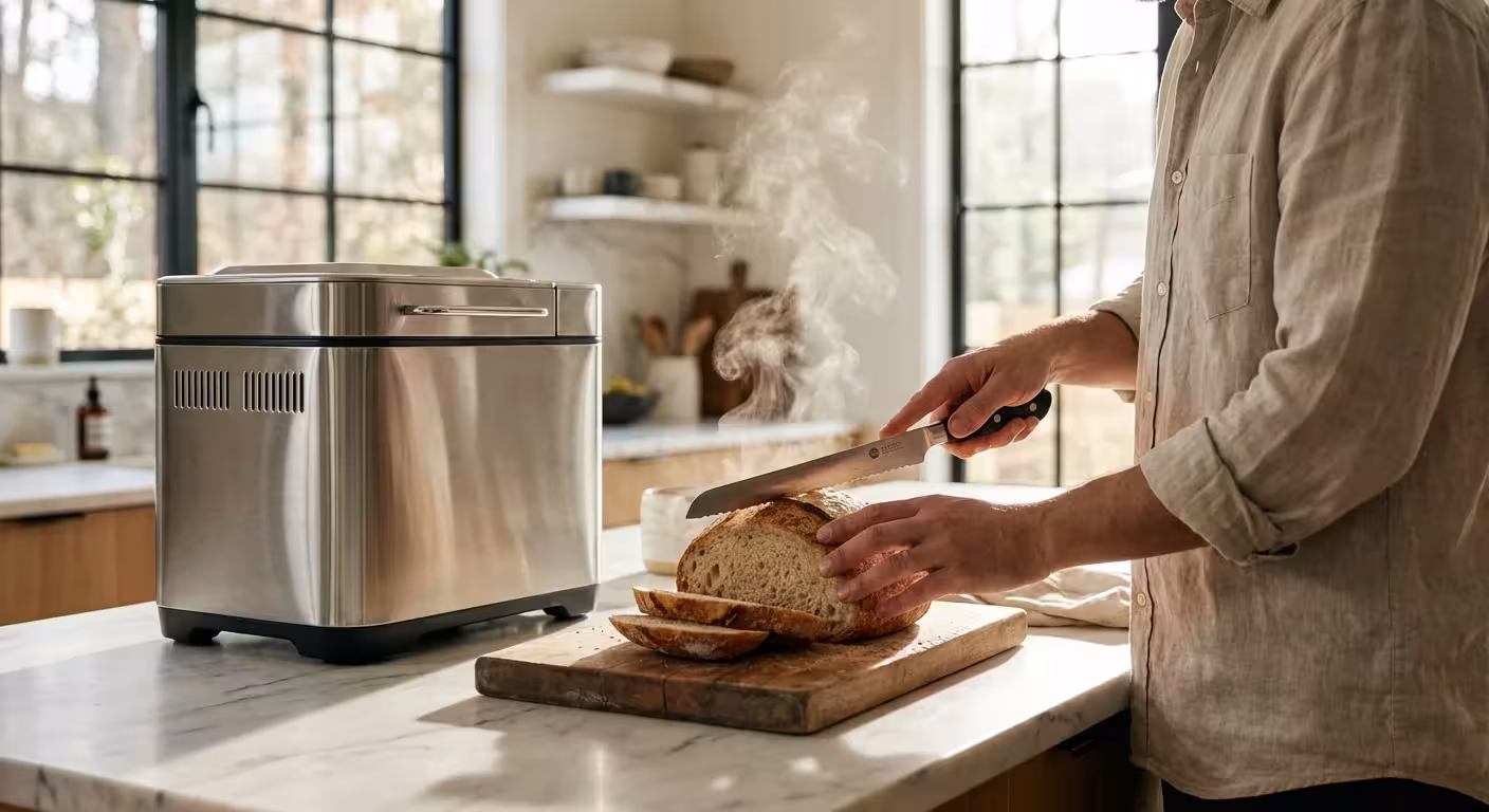 A person slicing fresh homemade bread in a bright, modern kitchen next to a sleek bread machine.