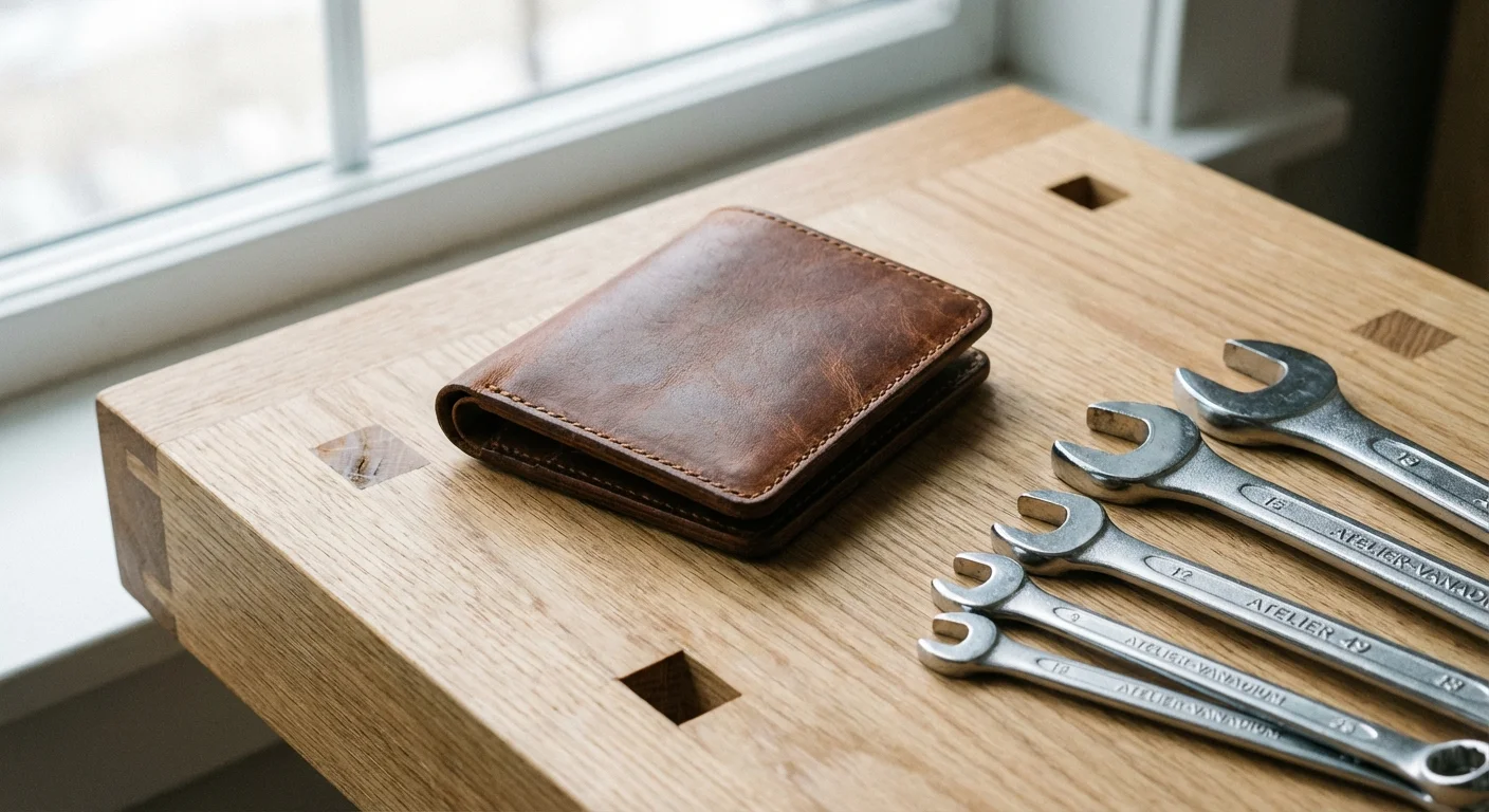 A wallet and plumbing tools sitting on a wooden surface, symbolizing savings.