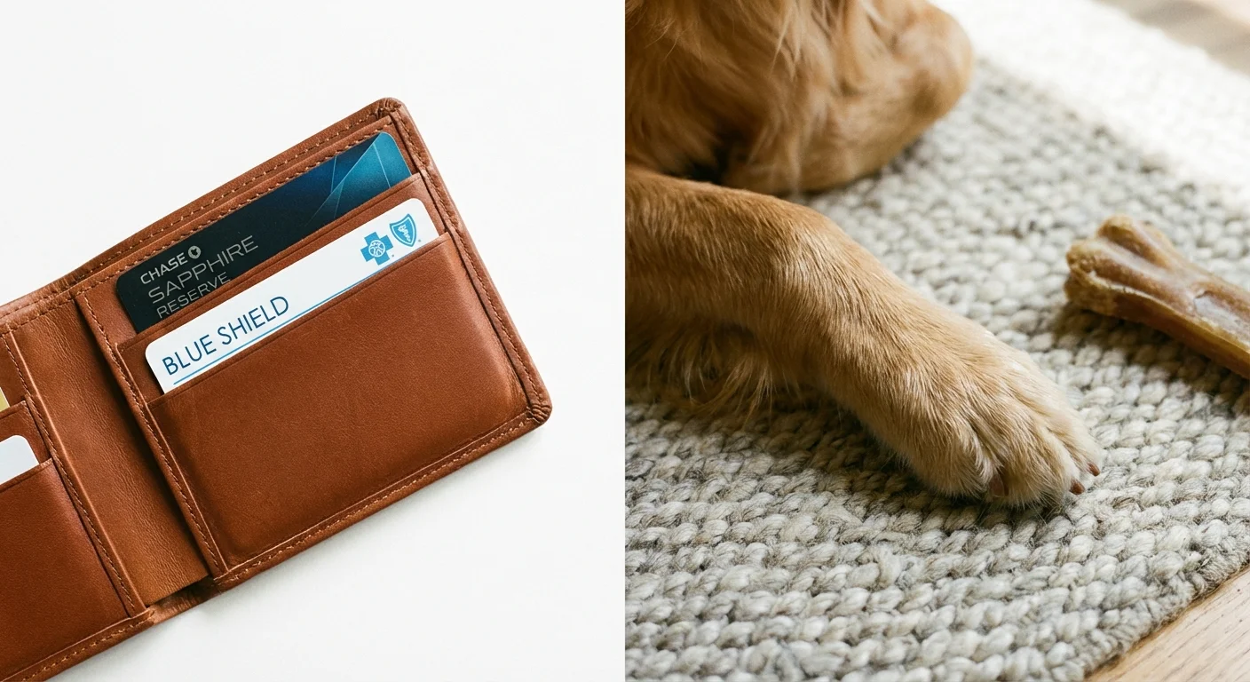 A wallet containing both a credit card and insurance card next to a pet, symbolizing a hybrid financial strategy.
