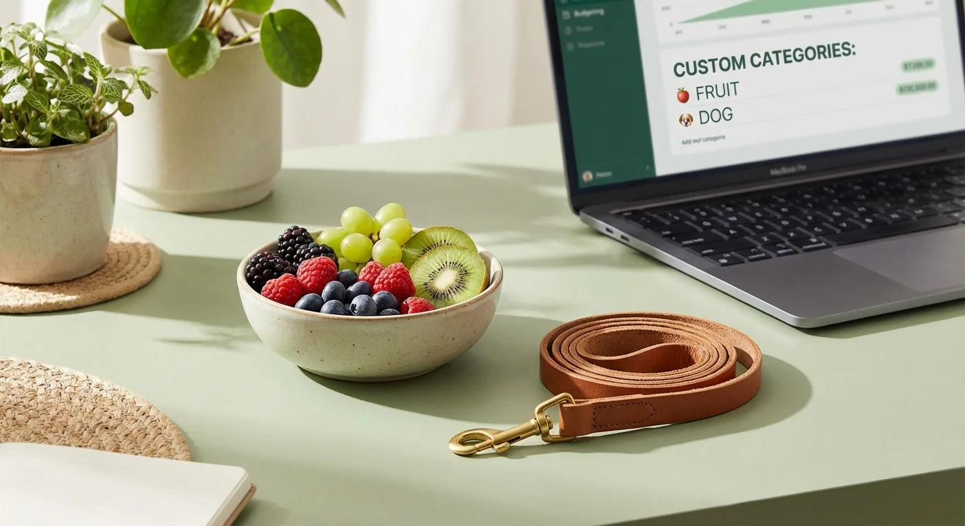 A desk with a dog leash and fruit, representing personalized budget categories.