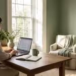A freelancer working calmly in a sunlit home office with a laptop and coffee.