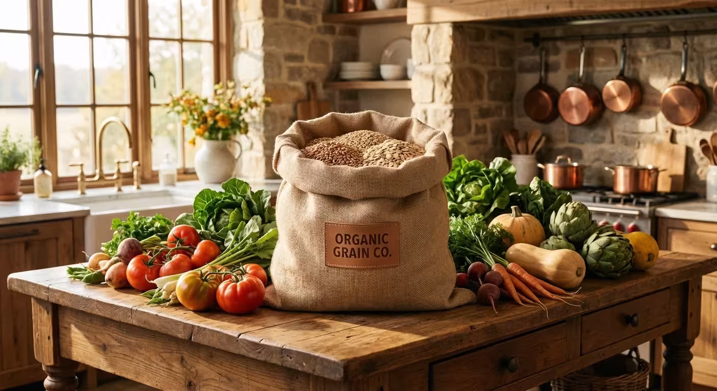 A bounty of bulk grains and fresh vegetables on a sunlit kitchen counter.