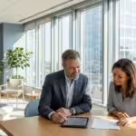 A businessman and businesswoman collaborating over a tablet in a bright office with city views.