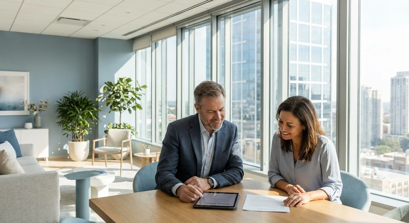 A businessman and businesswoman collaborating over a tablet in a bright office with city views.
