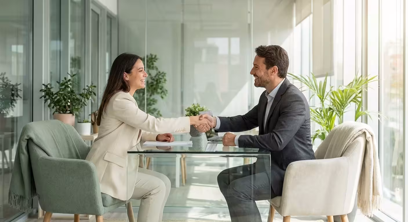 A person shaking hands with a professional in a bright, modern office.