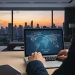 Businessman in a suit books a flight on a laptop overlooking a city skyline.
