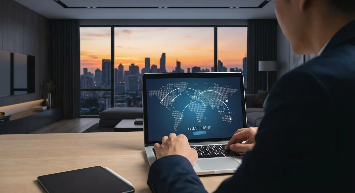 Businessman in a suit books a flight on a laptop overlooking a city skyline.