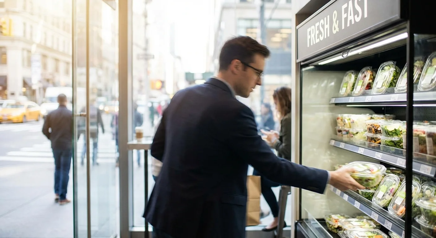 A person in professional clothes grabbing a pre-made salad.