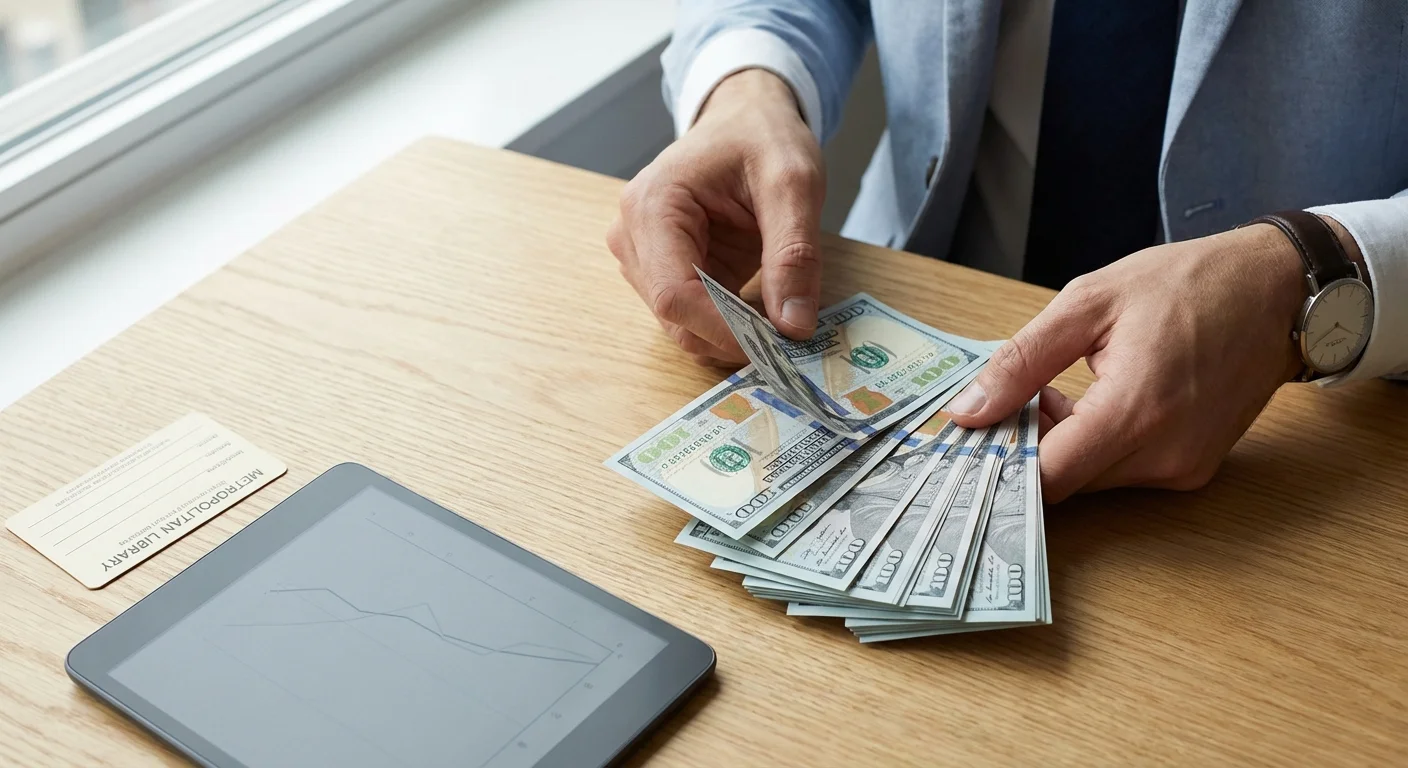 Close-up of hands with cash and a library card on a wooden desk.