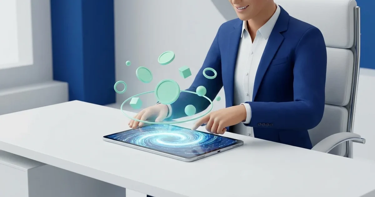 Businessman in a blue suit using a digital tablet with floating 3D geometric shapes above.