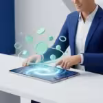 Businessman in a blue suit using a digital tablet with floating 3D geometric shapes above.