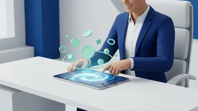 Businessman in a blue suit using a digital tablet with floating 3D geometric shapes above.
