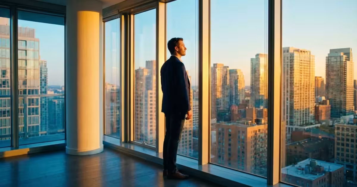 Businessman in a suit looking out a large window at a city skyline during sunset.
