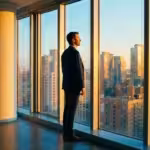 Businessman in a suit looking out a large window at a city skyline during sunset.