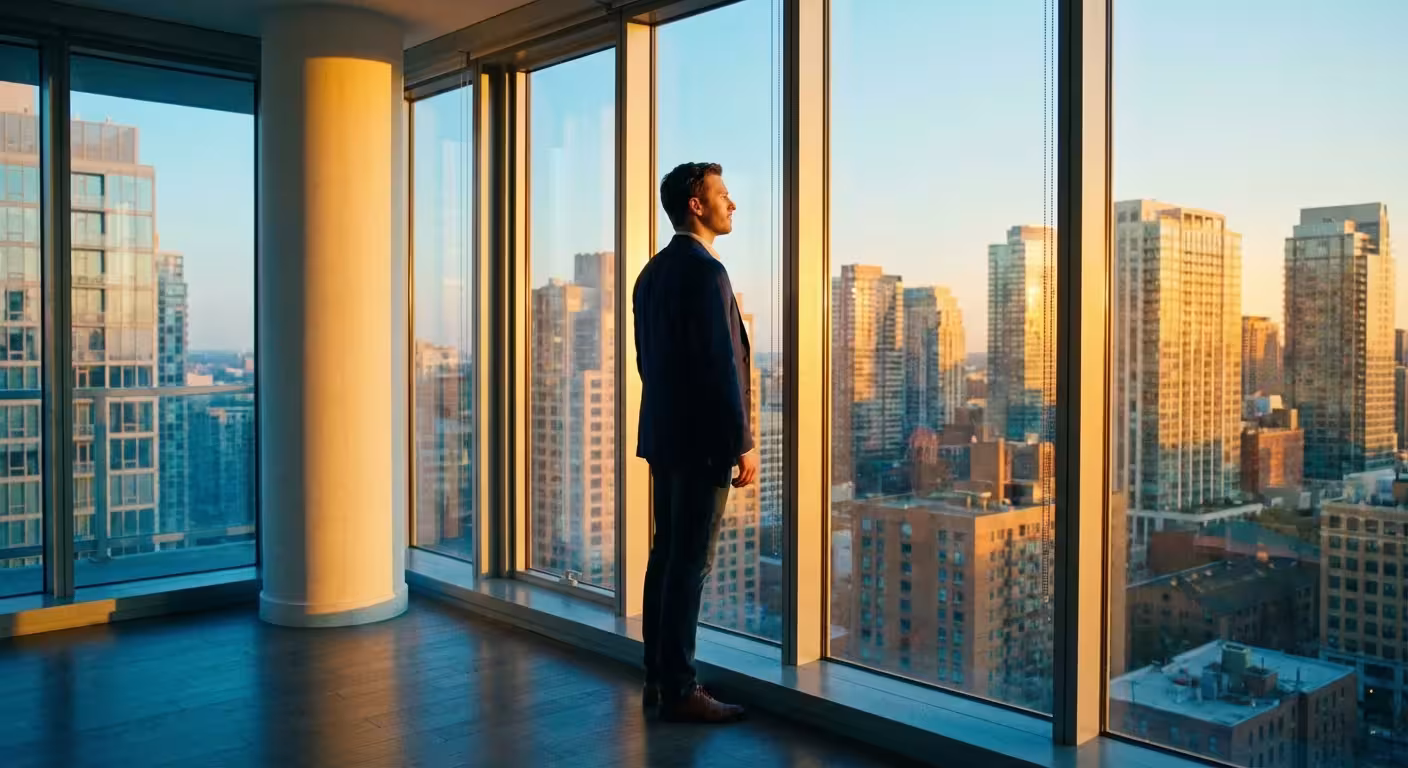 Businessman in a suit looking out a large window at a city skyline during sunset.