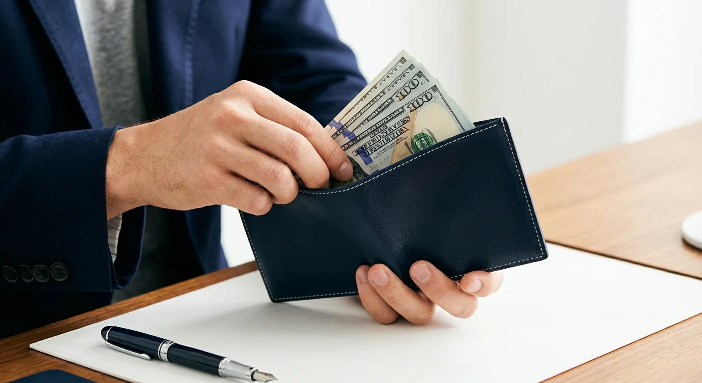 Close-up of hands putting cash into a leather wallet, representing savings.