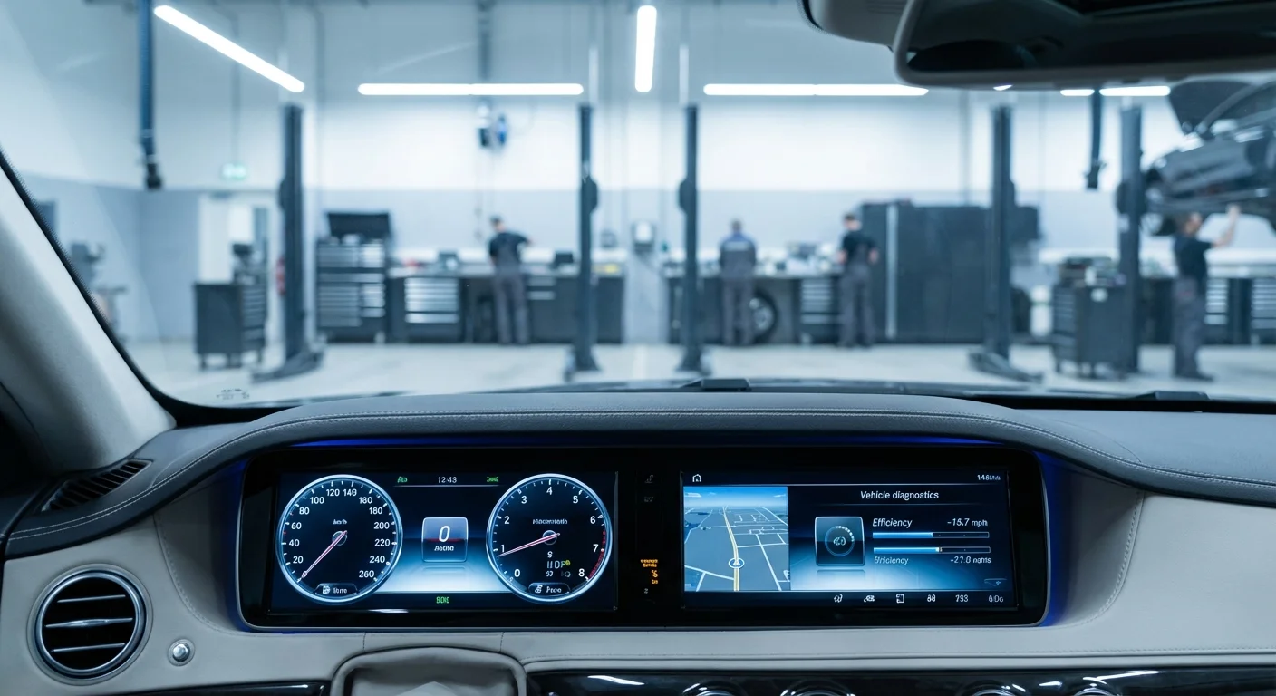 A calculator and a plant on a clean white desk.