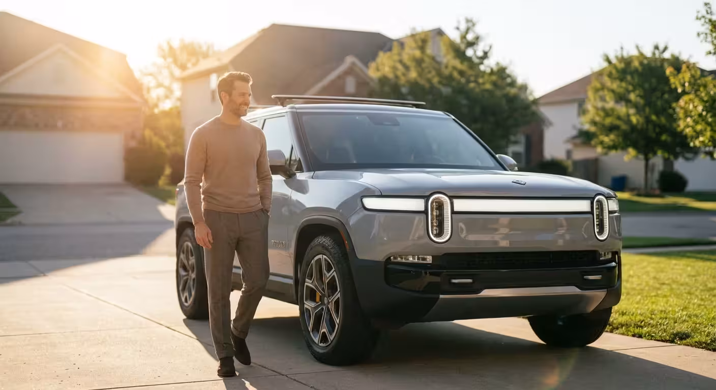 A man standing confidently by his car in a sunny driveway, symbolizing smart financial decisions.