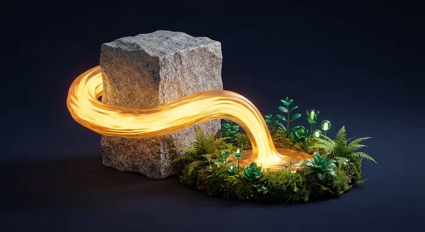 3D render of a golden stream flowing around a grey block into a green garden, representing cash flow versus budgeting.