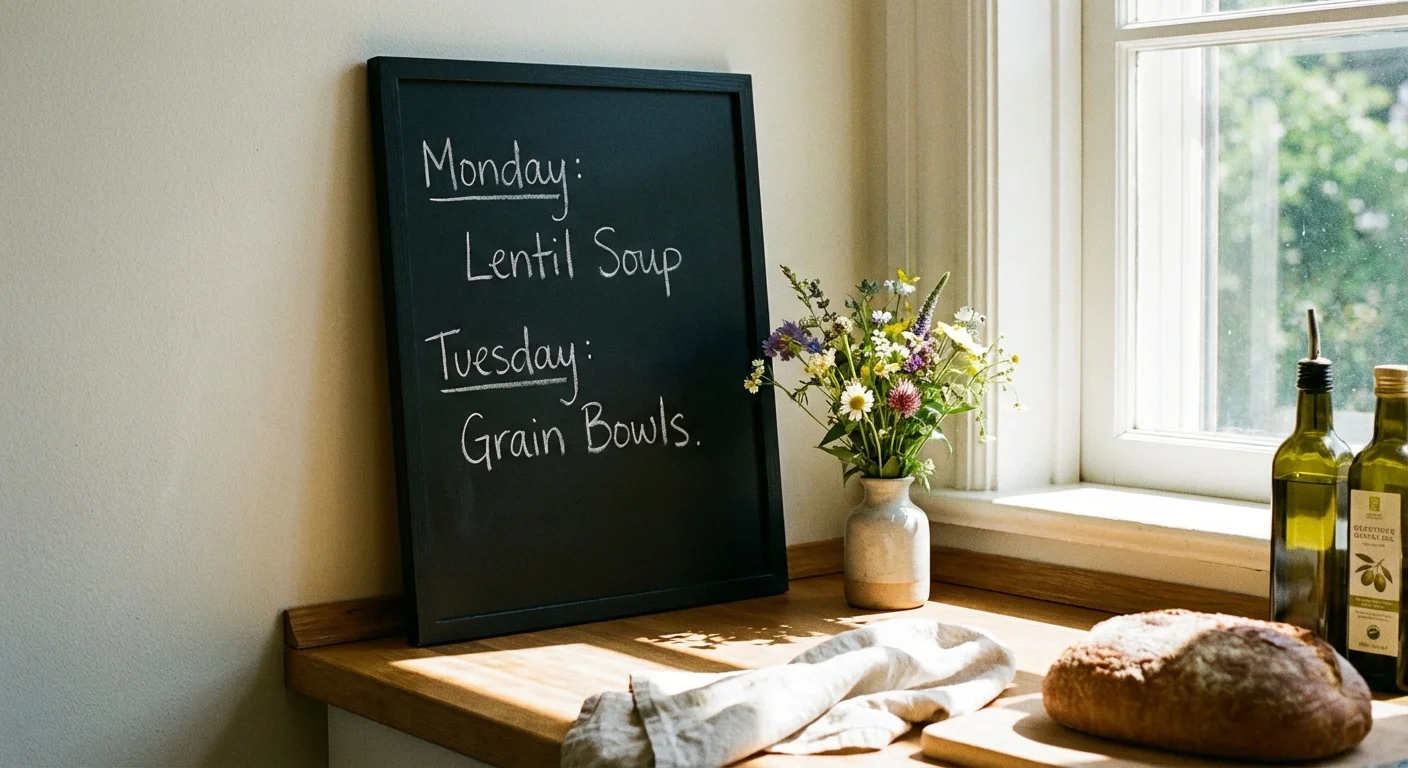 Weekly meal plan written on a kitchen chalkboard.