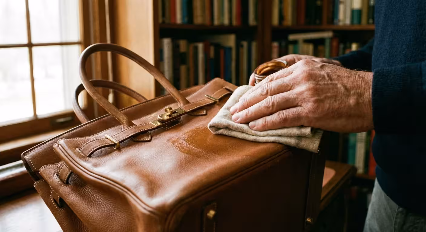 Close-up of hands cleaning a luxury leather handbag with a cloth.