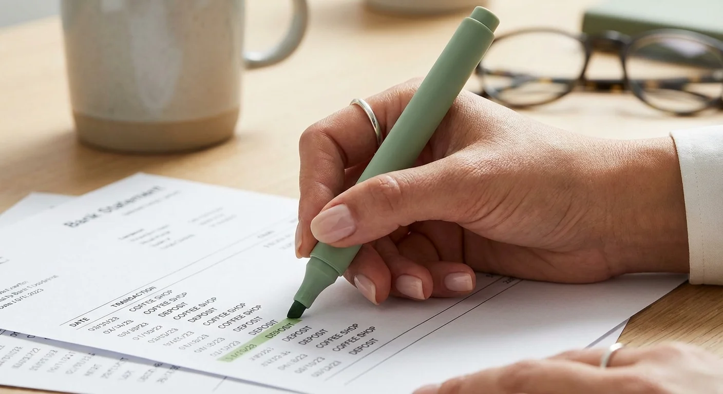 Close-up of a hand highlighting a line item on a bank statement.