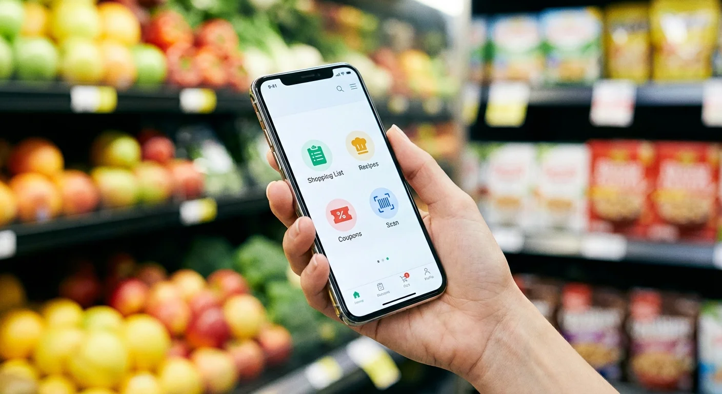 Close-up of a person holding a smartphone with a shopping app in a grocery store.
