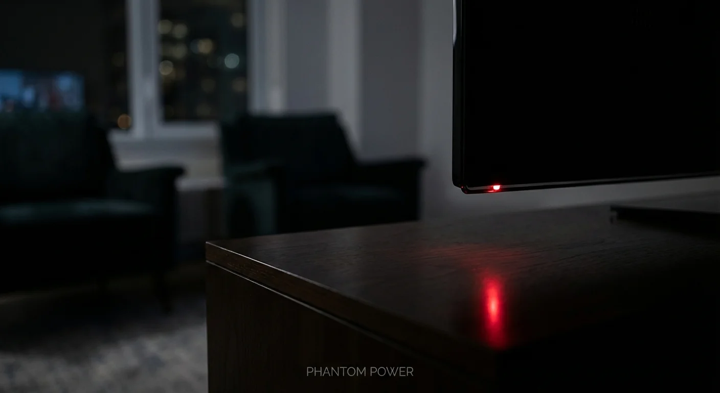 Close-up of a red standby light on a TV in a dark room, representing phantom energy loss.