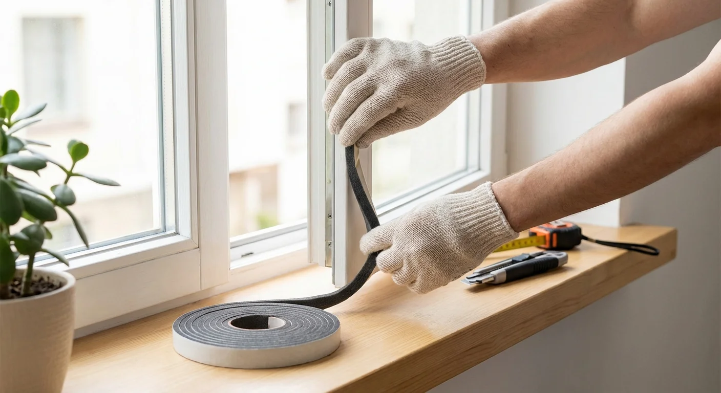 Close-up of hands applying foam weatherstripping to a window frame to stop drafts.