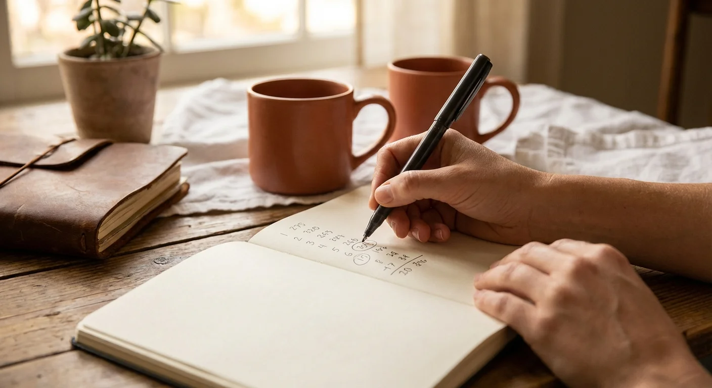 Close-up of hands calculating expenses in a notebook on a wooden table.