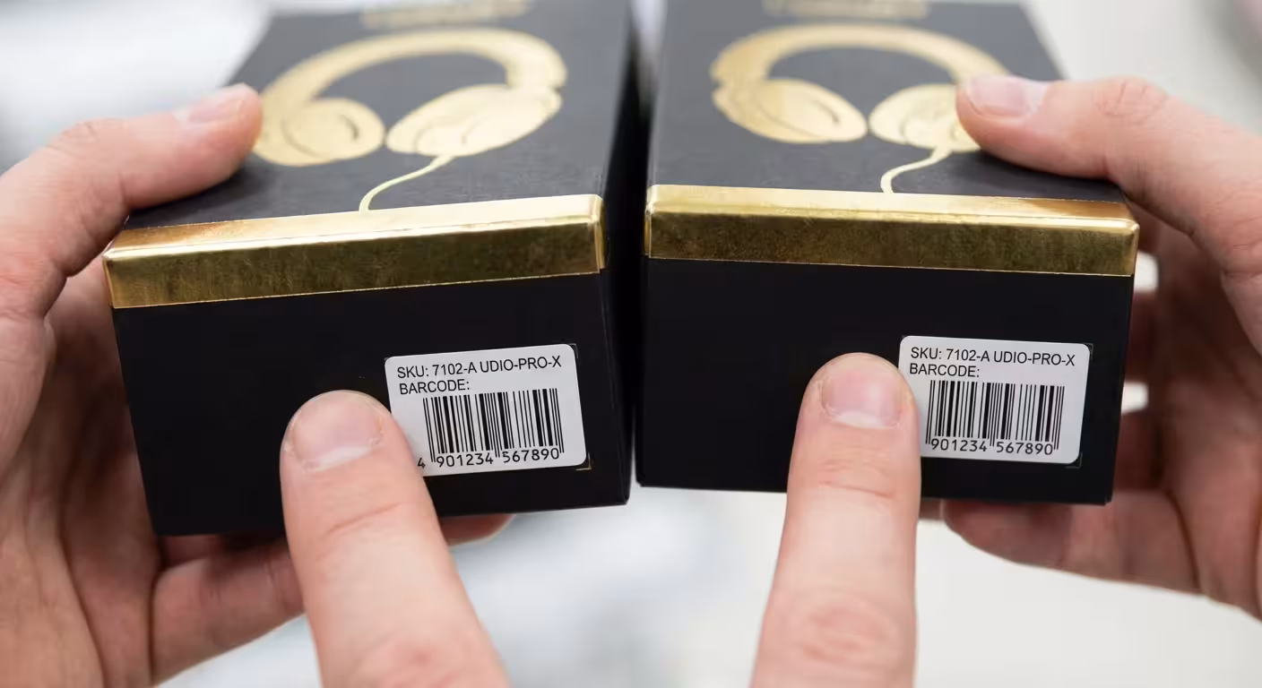Close-up of hands comparing two identical product boxes to ensure they match exactly for a price guarantee.
