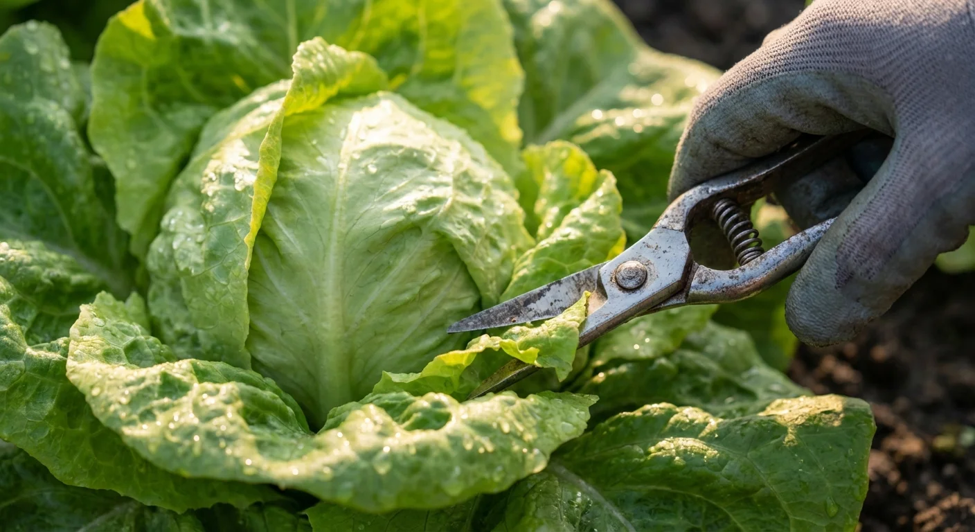 Close-up of hands harvesting lettuce leaves using the cut-and-come-again method.