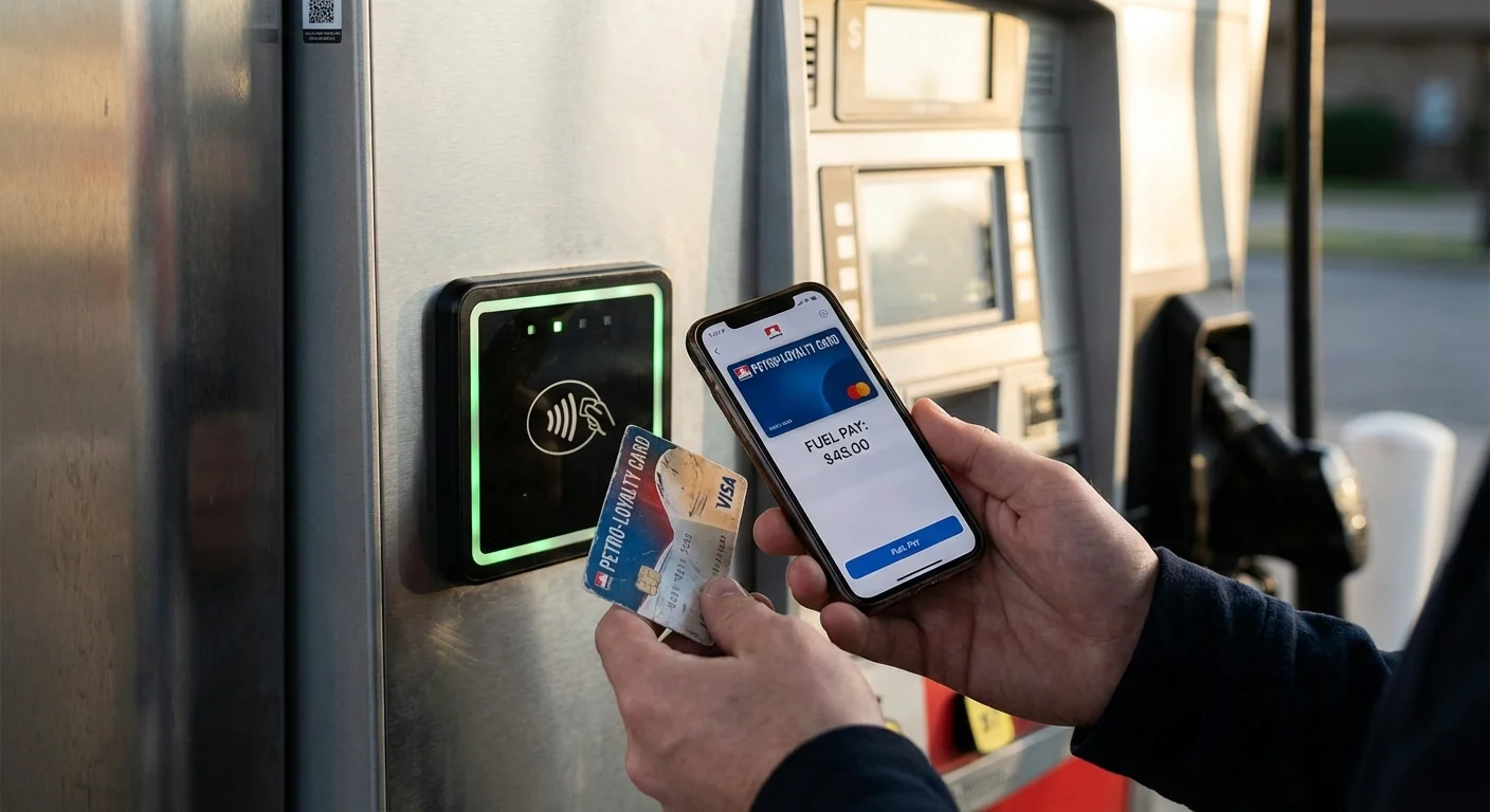 Close-up of hands holding a loyalty card and a smartphone near a gas pump payment sensor.