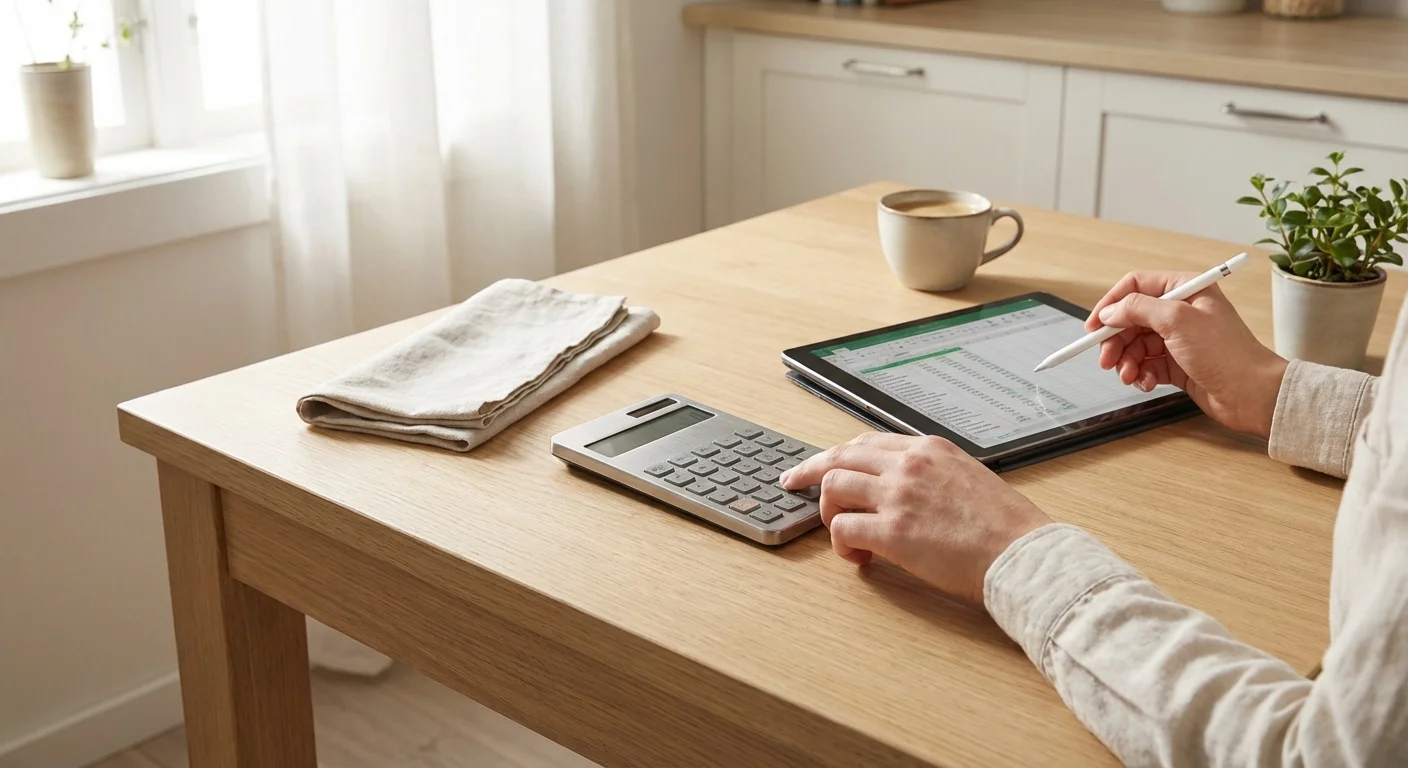 Close-up of hands using a calculator and tablet on a wooden table with coffee.