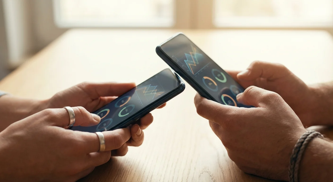 Close-up of two hands holding smartphones with minimalist financial apps displayed, representing the choice between budgeting tools.