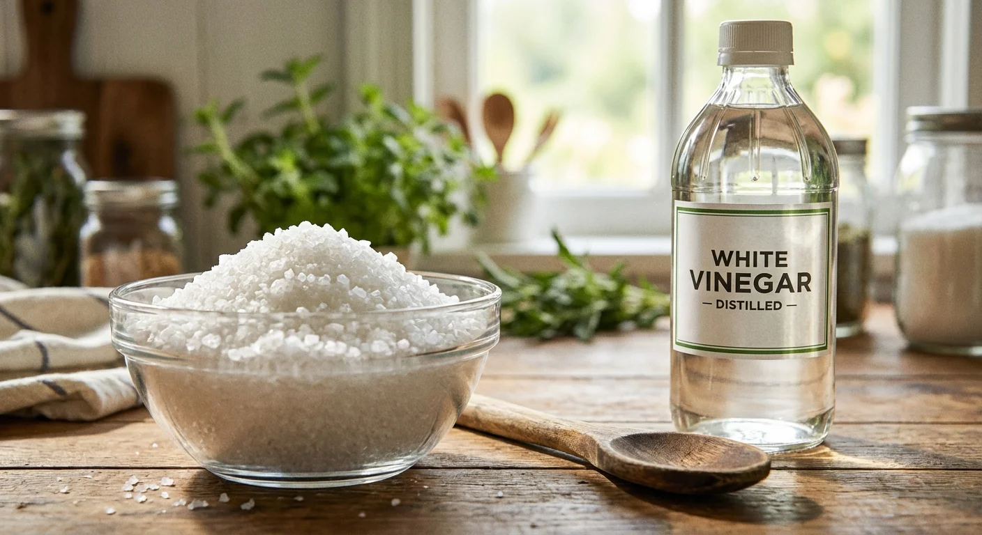 Close-up of pickling salt, vinegar, and wooden kitchen tools.