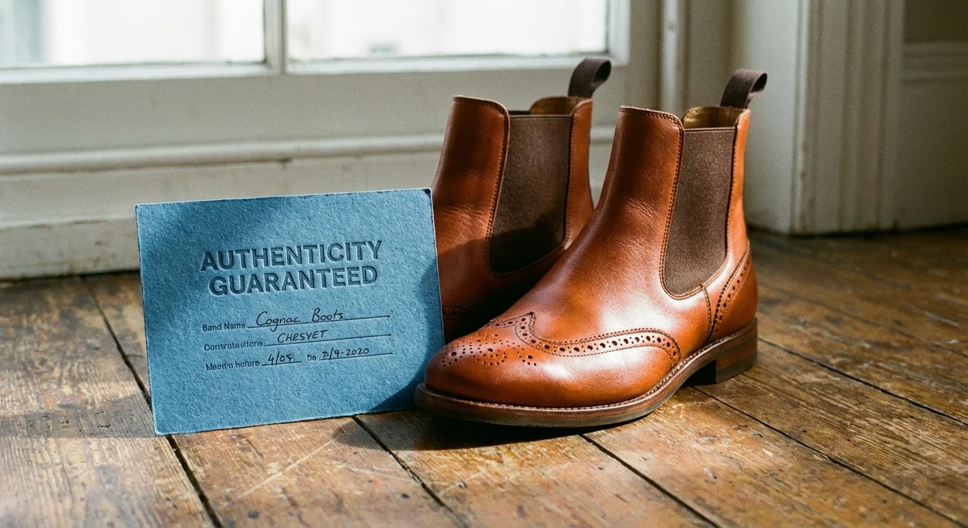 Luxury leather boots on a wooden floor next to an authenticity certificate.