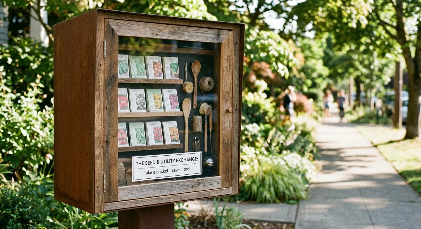 A modern neighborhood sharing box filled with seeds and small gadgets.