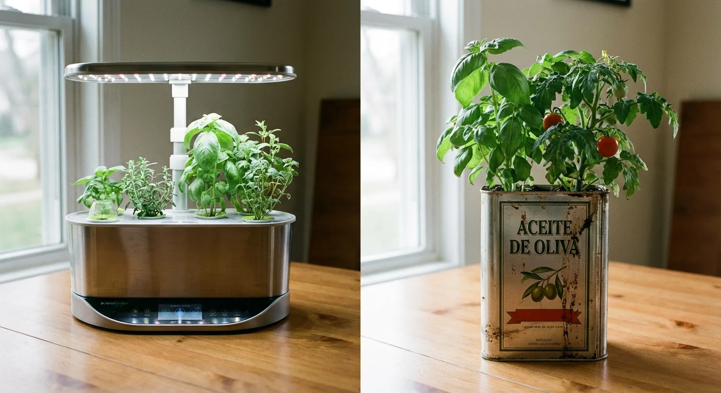 Comparison between a high-tech indoor garden and a simple, effective DIY pot.