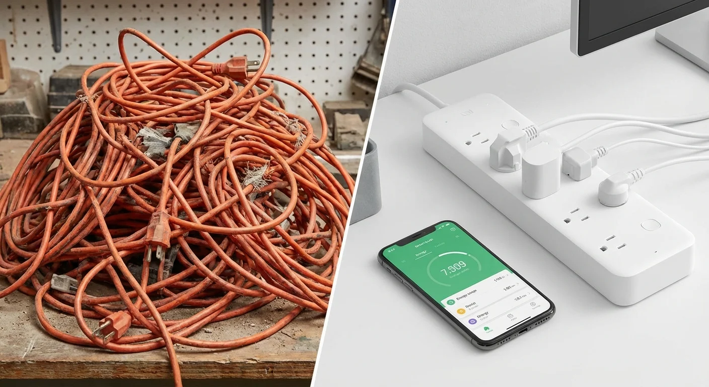 Comparison of a messy pile of old extension cords versus one clean smart power strip.