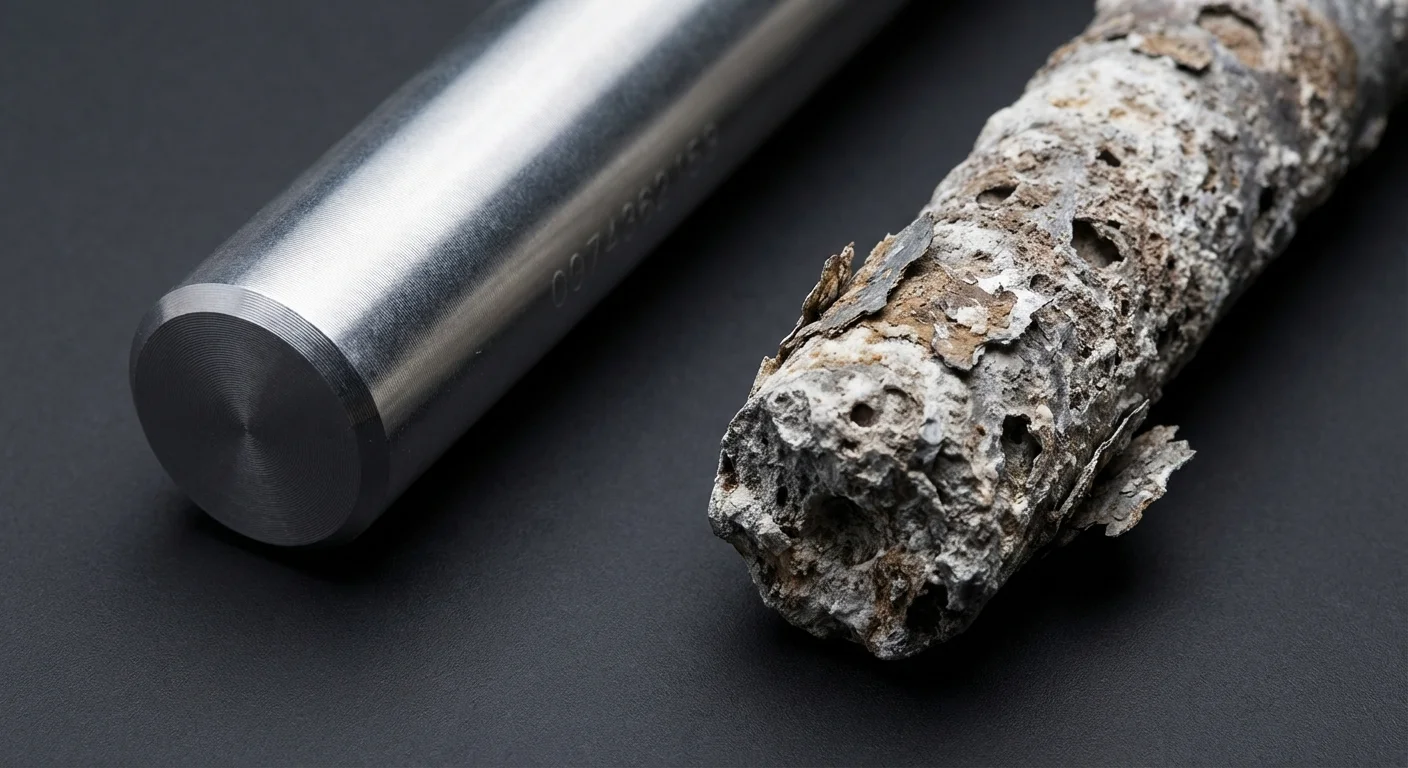 Comparison between a new smooth anode rod and a corroded, pitted sacrificial rod.