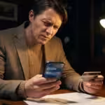 Concerned man in blazer holding credit card and smartphone at a desk at night.