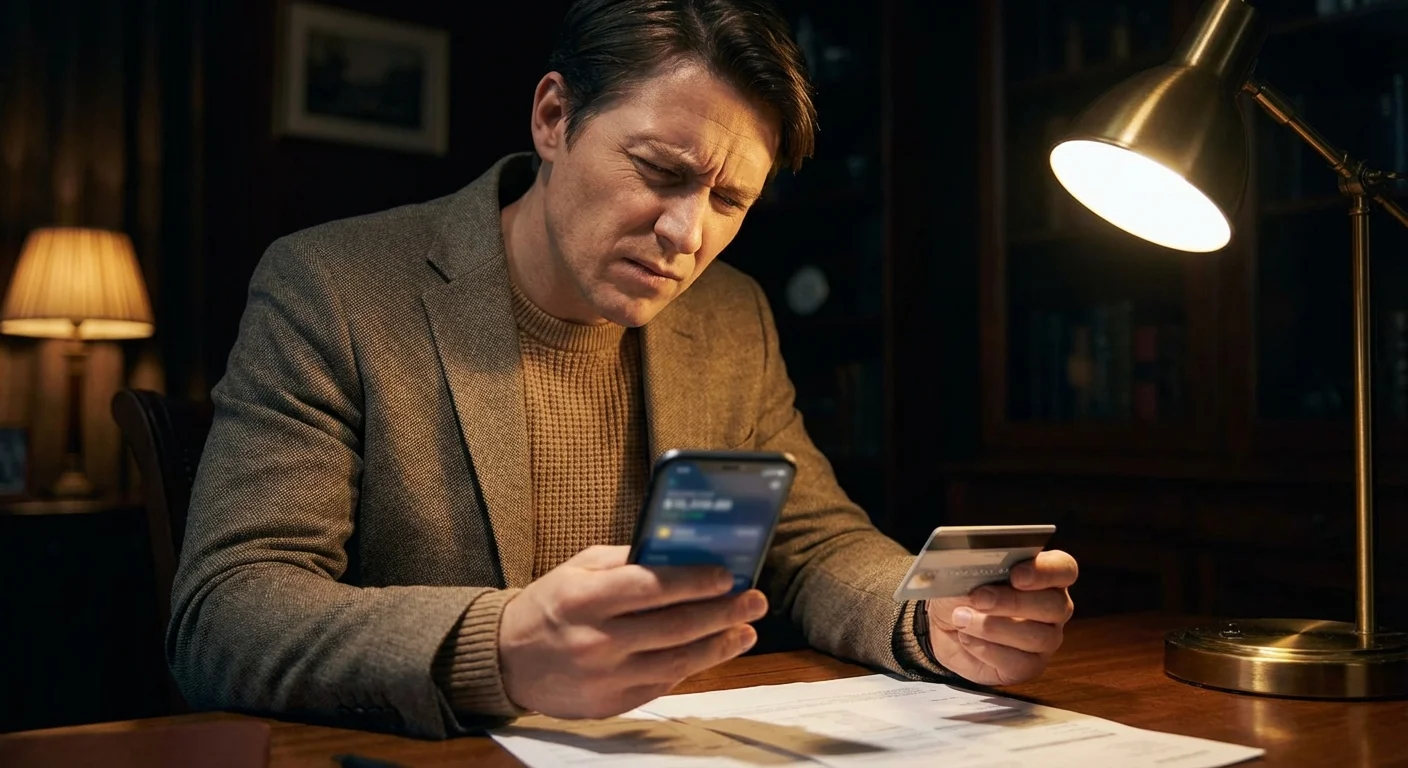 Concerned man in blazer holding credit card and smartphone at a desk at night.