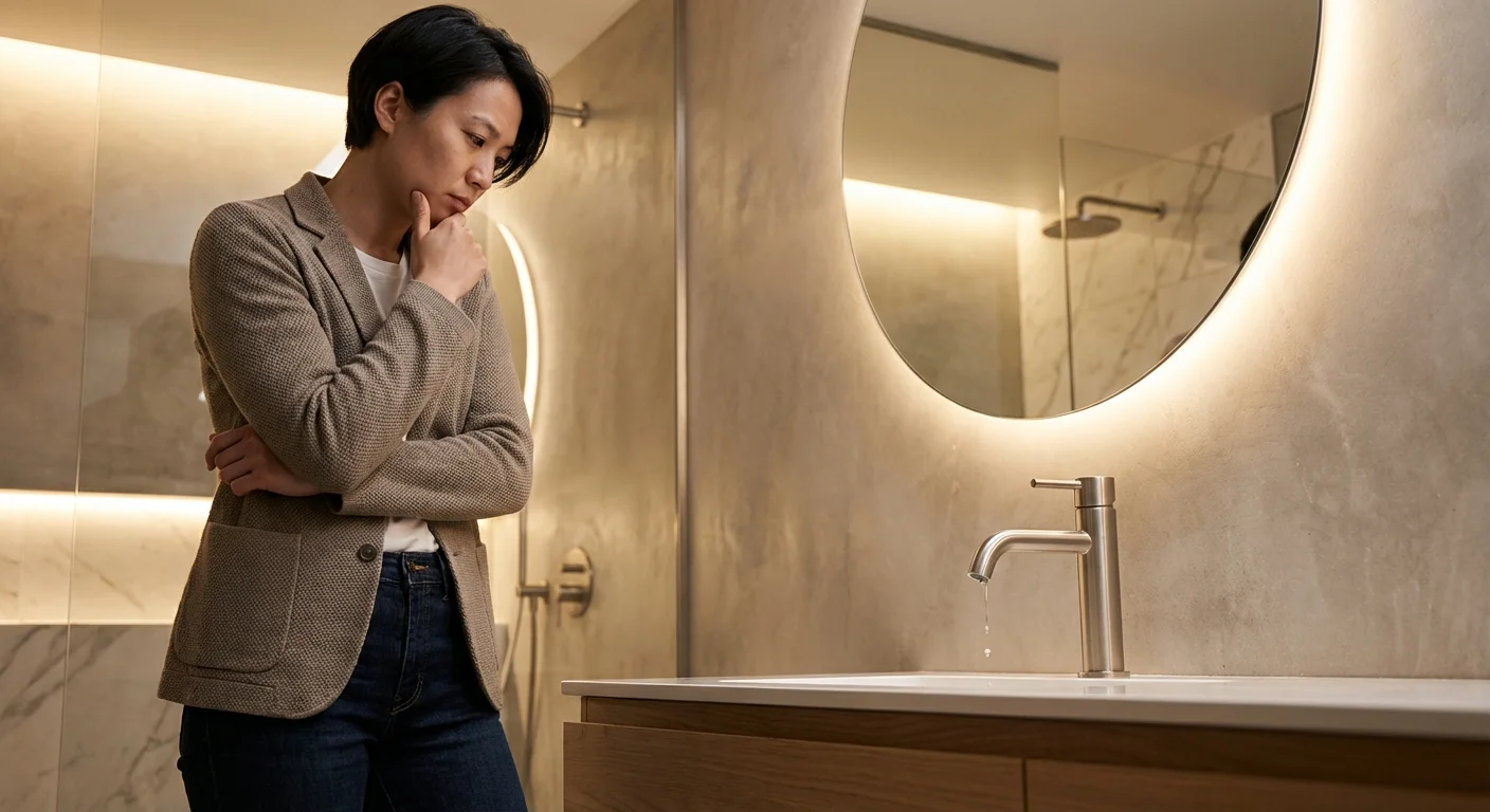 A person looking at a plumbing issue, considering whether to call a professional.