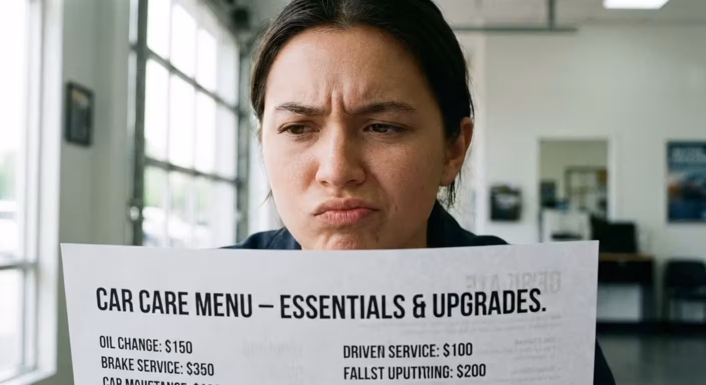 A car owner looking skeptically at a service menu, representing a savvy consumer.