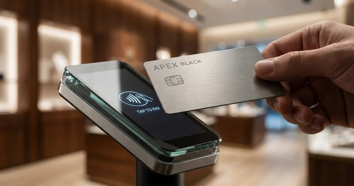 Hand tapping a metal credit card on a contactless payment terminal in a high-end store
