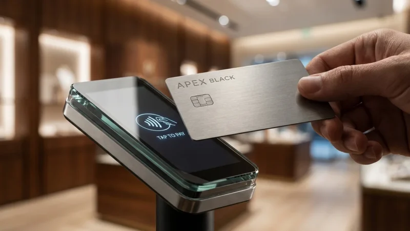 Hand tapping a metal credit card on a contactless payment terminal in a high-end store