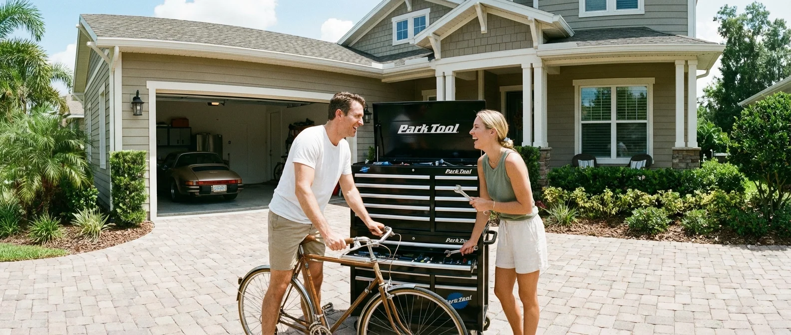 Two people working on a bicycle repair together in a sunny driveway.