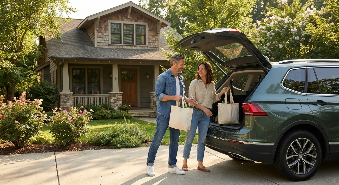 A couple loading grocery bags into their car in a sunny suburban driveway.